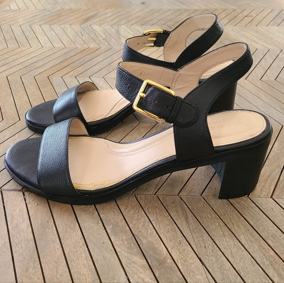 Cole Haan Annette Black Leather Heeled Sandals with Gold Buckle size 8 - Picture 1 of 8